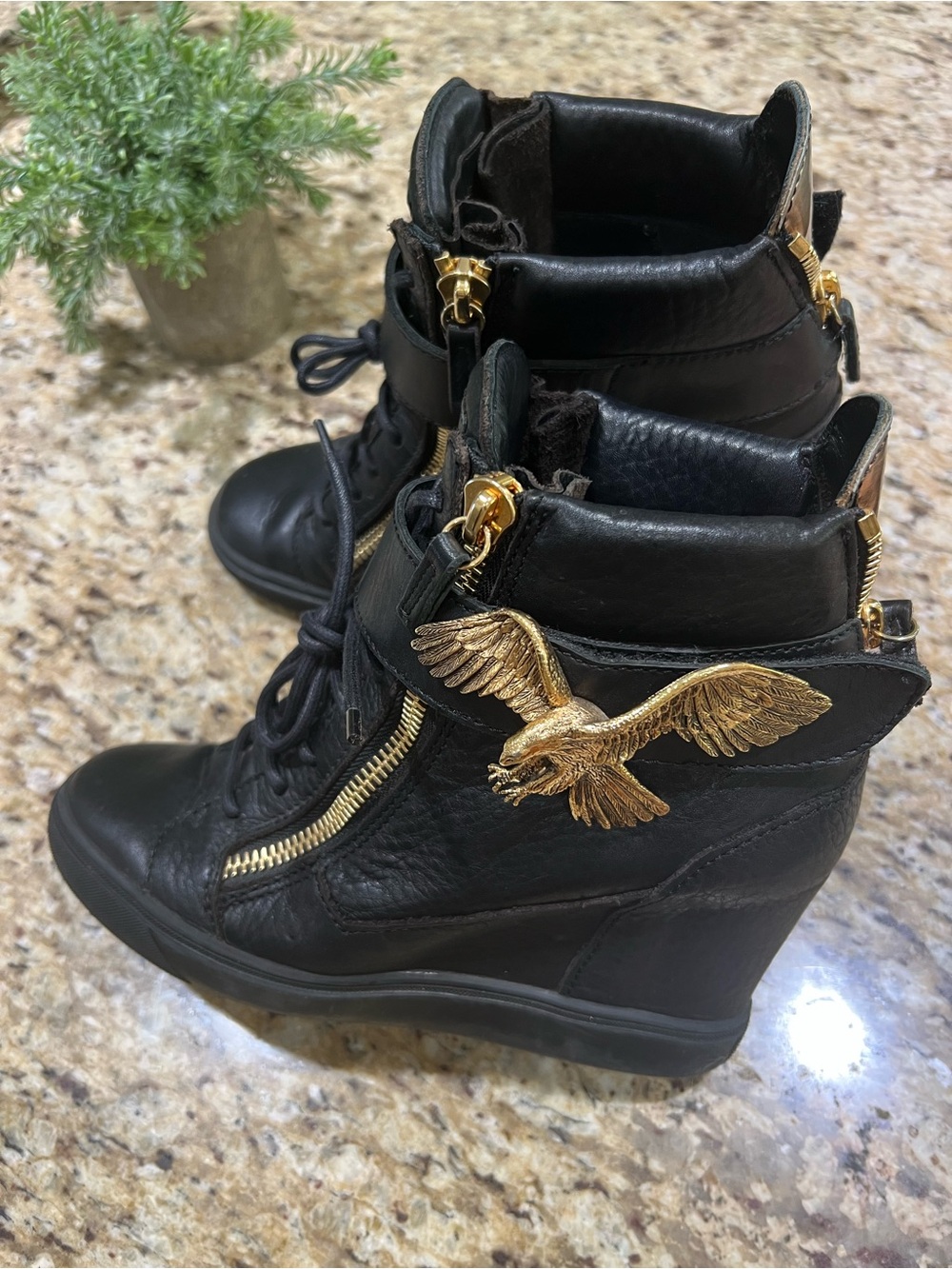 Giuseppe Zanotti Black Wedge Lace-Up Ankle Sneakers with Gold Eagle Emblem 40 - Picture 3 of 11